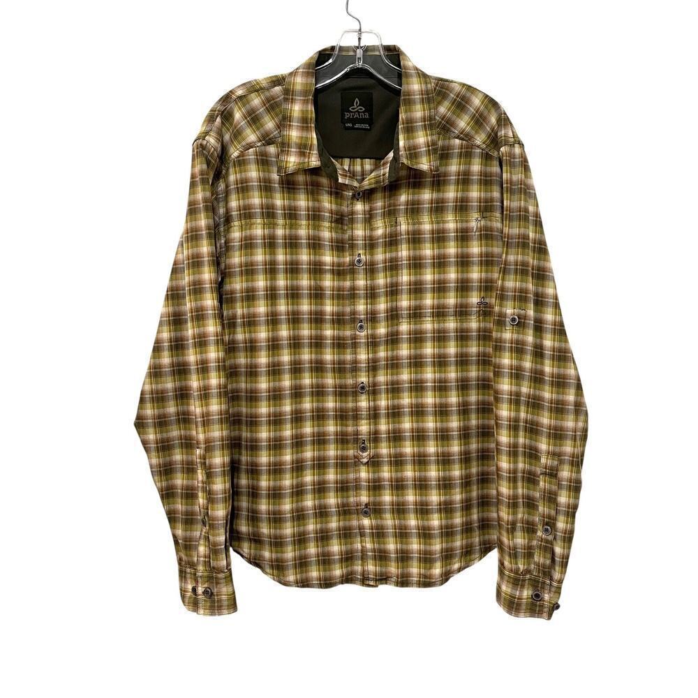 PrAna Dickson Men's Nylon Shirt Size L Green Plaid Roll Tab Sleeve